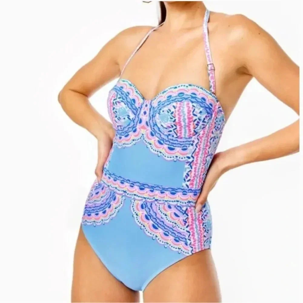 Lilly Pulitzer Anthea One Piece Swimsuit Seaside Shindig Blue Pink Size 10